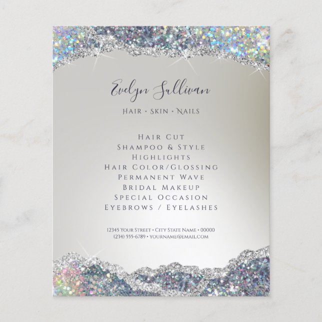 Faux iridescent silver glitter foliefåkare flygblad (Framsidan)