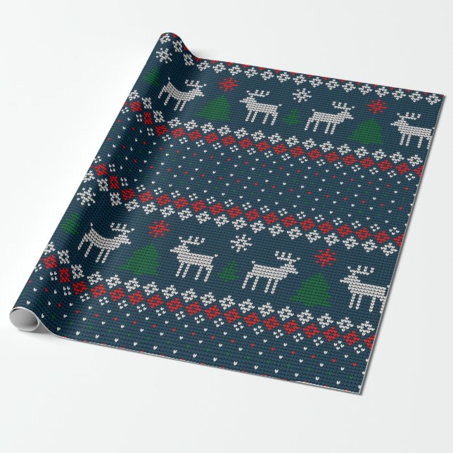 Faux Knitting Mönster Julgran och Hjort Presentpapper (Utrullad)