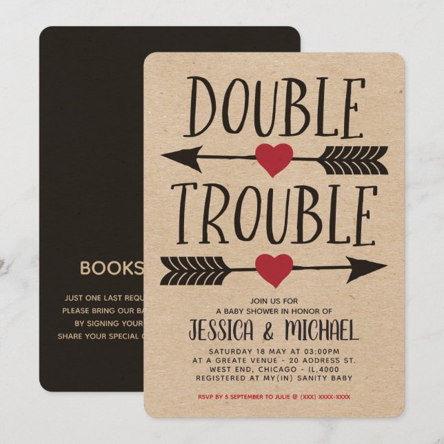 Faux Kraft Dubbla Trouble Twin Baby Shower Inbjudningar (Fram/baksida)