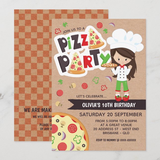 Faux Kraft Girl Pizza Party födelsedagsinbjudan Inbjudningar (Fram/baksida)