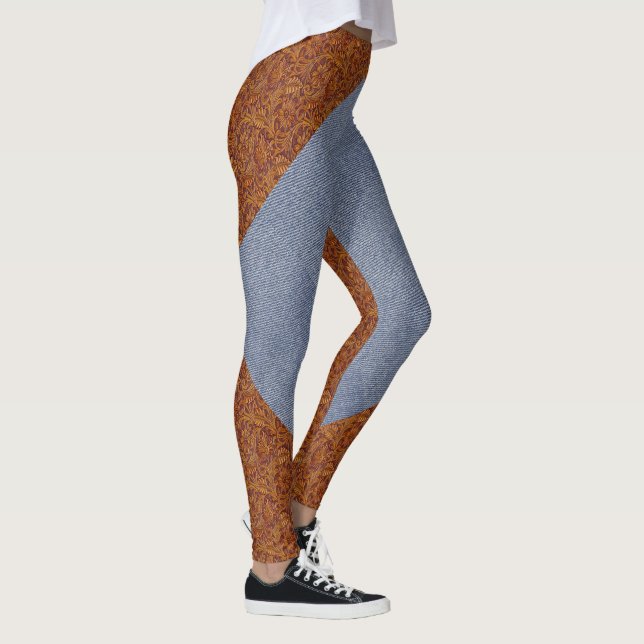 Faux-läder- och Denim-tryckfärg Leggings (Höger)