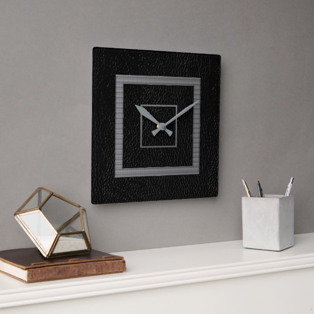 Faux Leather Black Grått Modern Fyrkantig Klocka (Kontor)