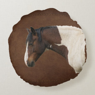 Faux Leather & Indian Paint Pinto Stallion Rund Kudde