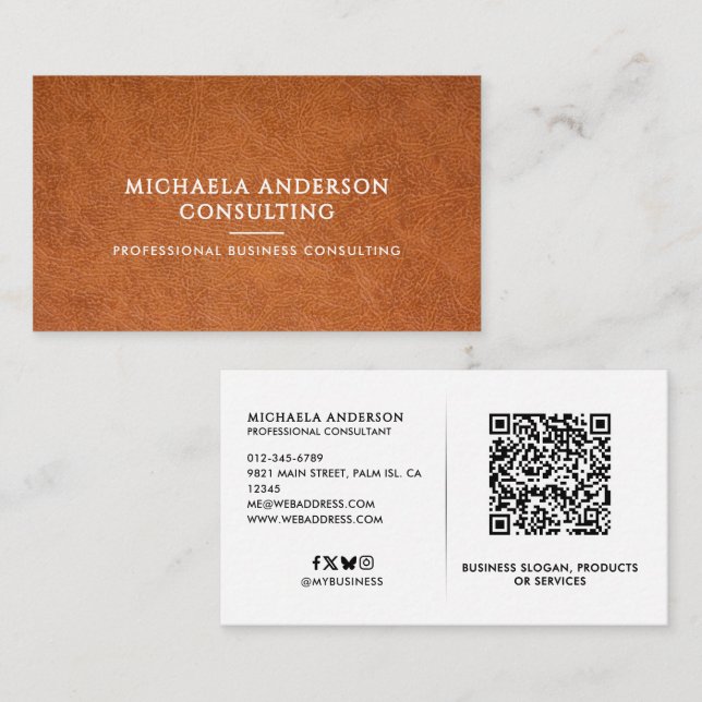 Faux Leather Professionell QR Code & Social Media Visitkort (Fram/baksida)