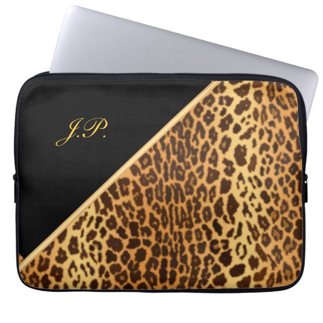 Faux Leopard Black och Guld Laptop sleeve (Framsidan)