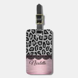 Faux Leopard och Snöre med Rosa Personlig Bagagebricka
