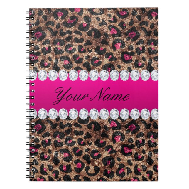 Faux Leopard Shock rosa Gold Foil och Diamonds Anteckningsbok Med Spiral (Framsidan)