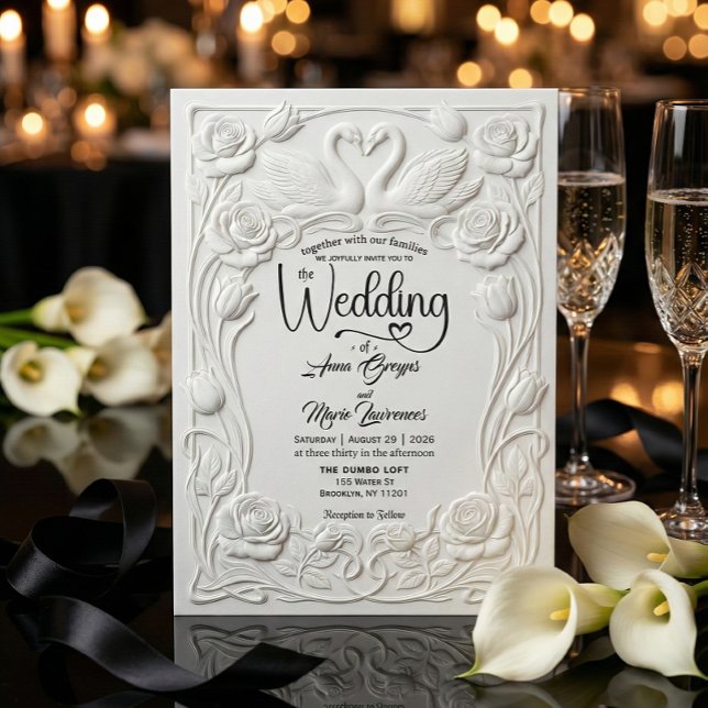 Faux Letterpress Embossed Floral Swan Wedding   Inbjudningar (Skapare uppladdad)