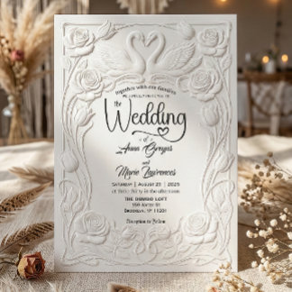Faux Letterpress Embossed Floral Swan Wedding   Inbjudningar