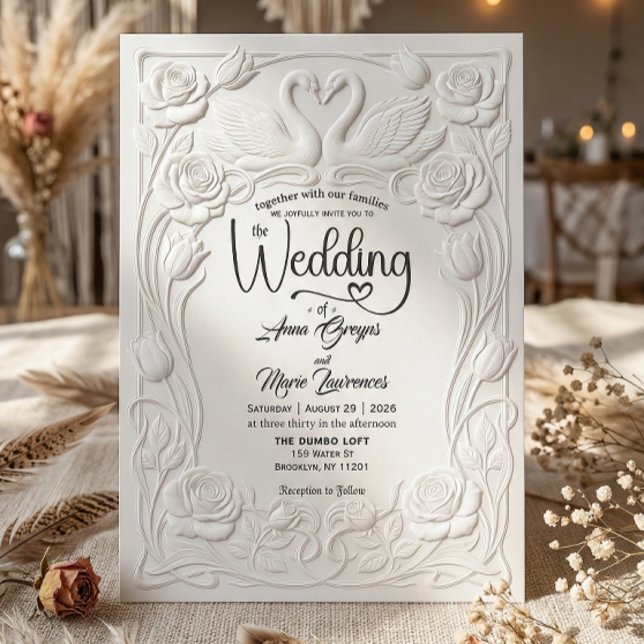 Faux Letterpress Embossed Floral Swan Wedding   Inbjudningar (Skapare uppladdad)