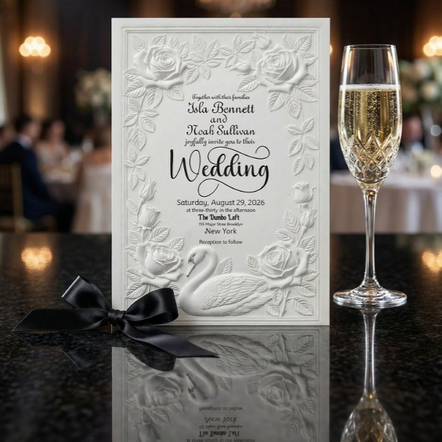 Faux Letterpress Embossed Swan Floral Wedding Inbjudningar (Skapare uppladdad)