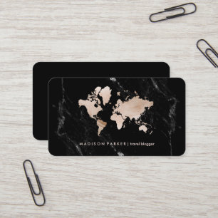 Faux Light Guld World Map on Black Marble Visitkort