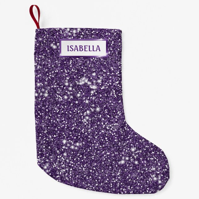 Faux Lila Glitter Struktur titta efter eget namn Liten Julstrumpa (Framsidan)