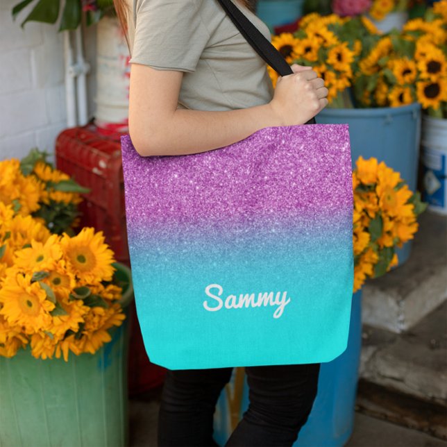 Faux Lila och Aqua Ombre Glitter Tygkasse (Purple and Aqua Ombre Glitter Tote Bag)