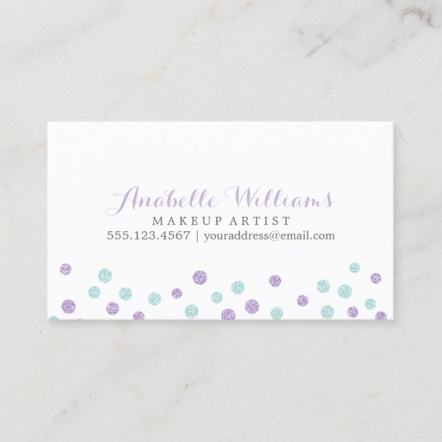 Faux Lila och Mint Glitter confetti Dots Visitkort (Framsida)