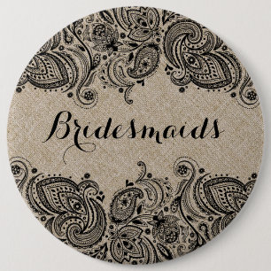 Faux Linen & Black Paisley Snöre Bridesmaids Butto Knapp