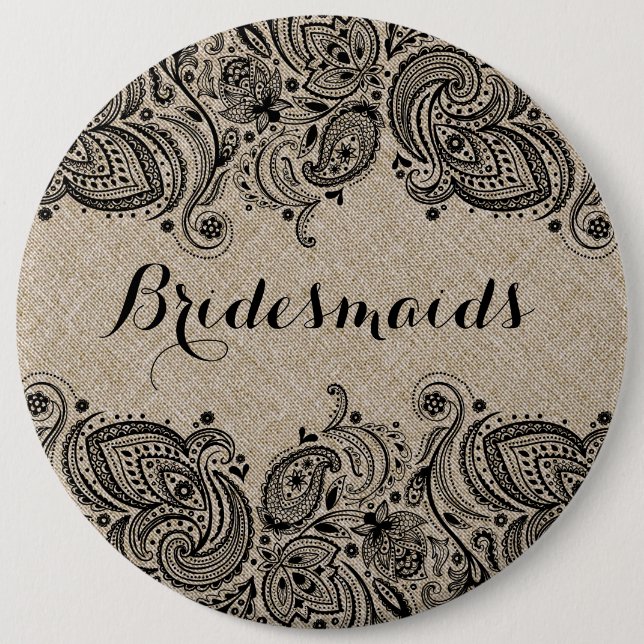 Faux Linen & Black Paisley Snöre Bridesmaids Butto Knapp (Framsida)