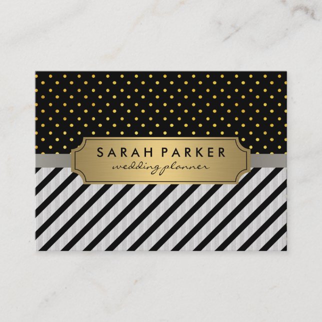 Faux Linen Black Rand Polka dots Visitkort (Framsida)