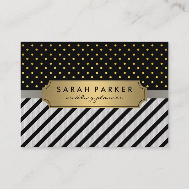 Faux Linen Black Rand Polka dots Visitkort (Framsida)