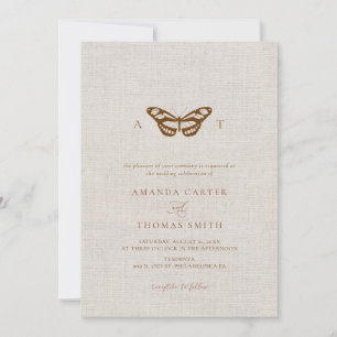 Faux Linen Butterfly Monogram Chic Bröllop Inbjudningar