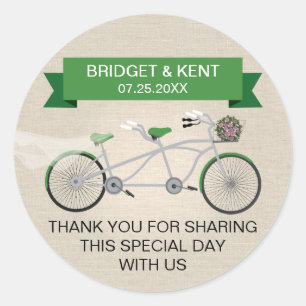 Faux Linen Grönt Tandem Bicycle Bröllop Runt Klistermärke