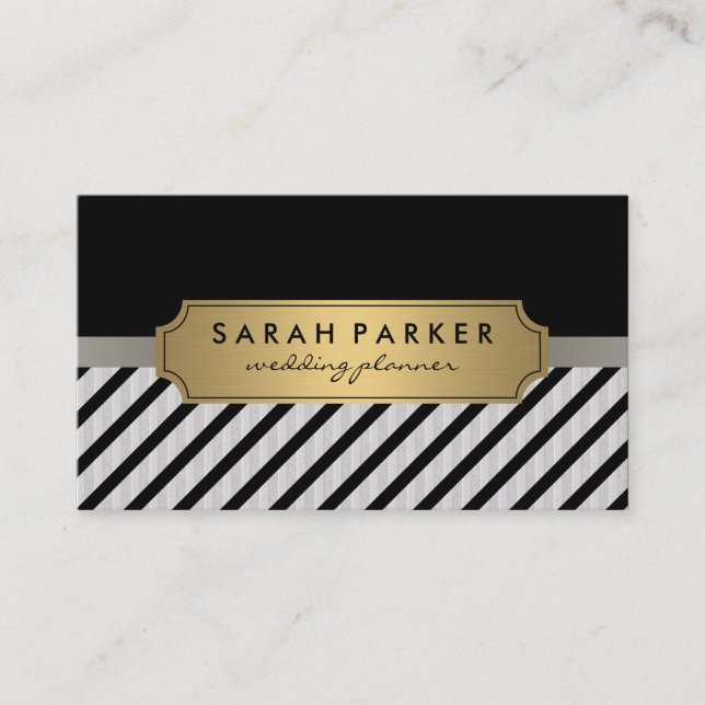 Faux Linen Metallic Guld Label Black Rand Visitkort (Framsida)