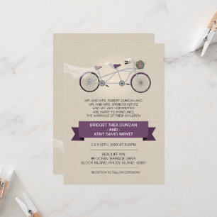 Faux Linen Plum Tandem Bicycle Bröllop Inbjudningar