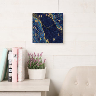 Faux Marble Navy Gold Shades Fyrkantig Klocka
