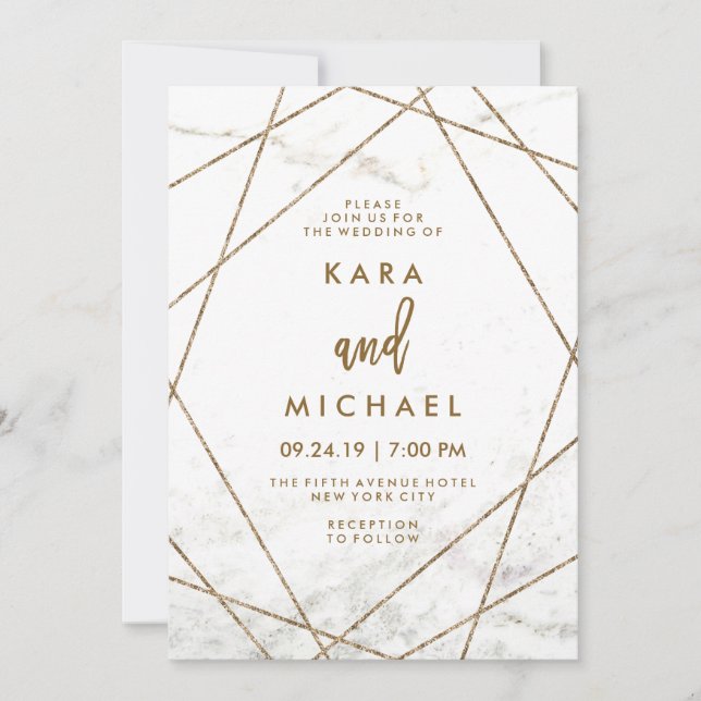Faux Marble och Copper Geometric Wedding bjudande Inbjudningar (Framsida)
