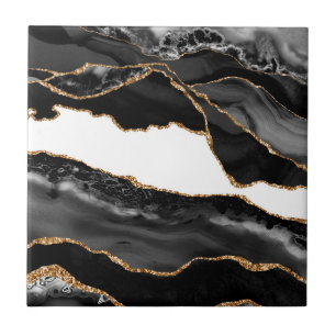 Faux marcular Agate Black Snyggt Stone Luxury Guld Kakelplatta