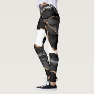 Faux marcular Agate Black Snyggt Stone Luxury Guld Leggings