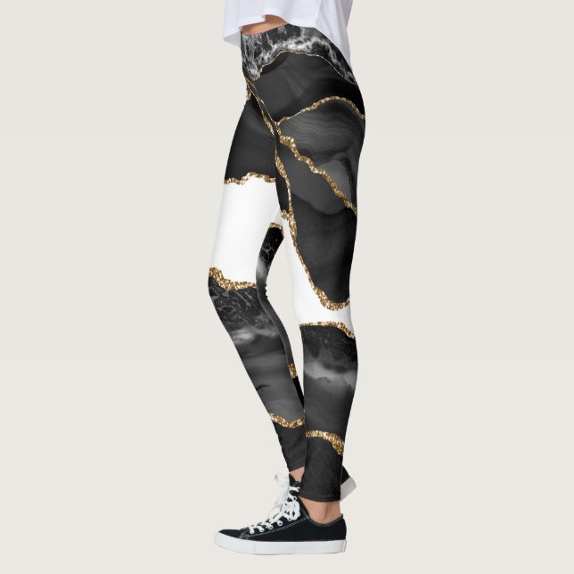 Faux marcular Agate Black Snyggt Stone Luxury Guld Leggings (Vänster)