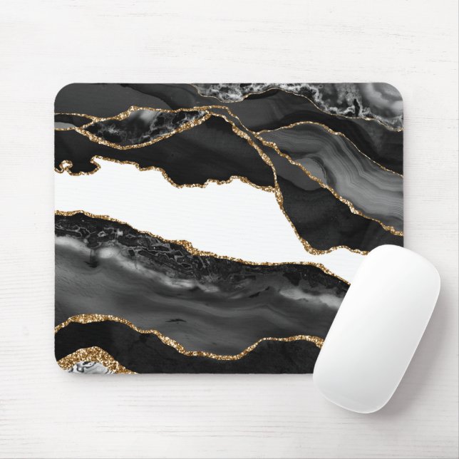 Faux Marcular Agate Black Snyggt Stone Luxury Guld Musmatta (Med mus)