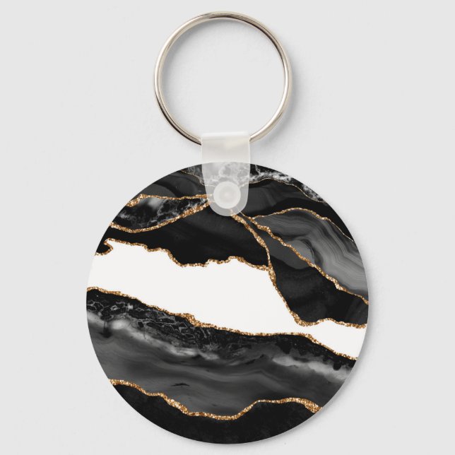 Faux Marcular Agate Black Snyggt Stone Luxury Guld Nyckelring (Framsida)
