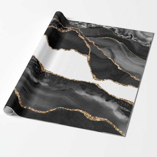 Faux marcular Agate Black Snyggt Stone Luxury Guld Presentpapper (Utrullad)