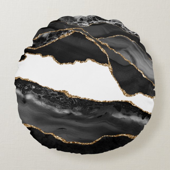 Faux marcular Agate Black Snyggt Stone Luxury Guld Rund Kudde (Framsidan)