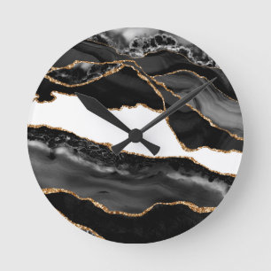 Faux marcular Agate Black Snyggt Stone Luxury Rund Klocka