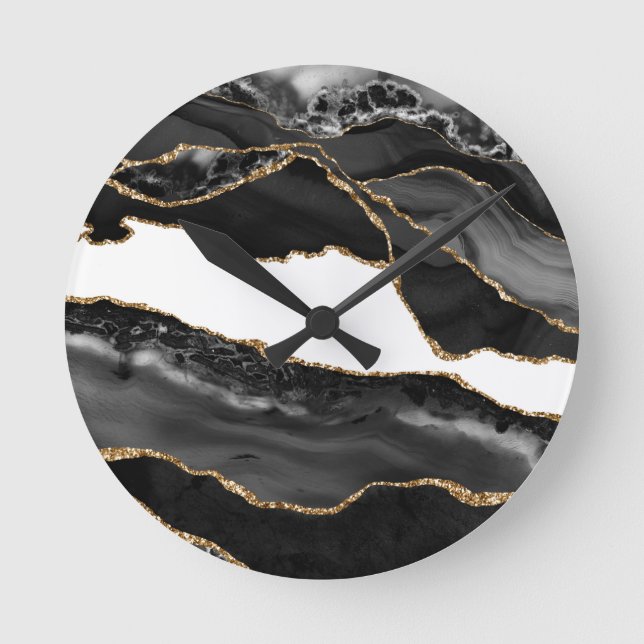 Faux marcular Agate Black Snyggt Stone Luxury Rund Klocka (Framsida)