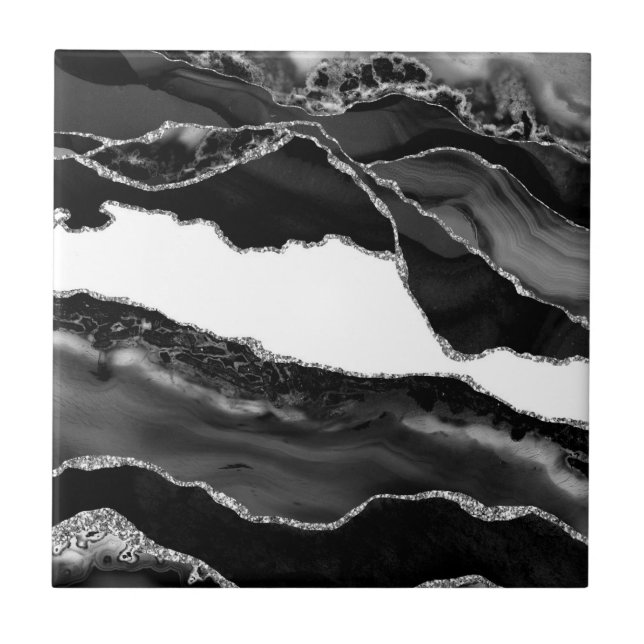Faux marmored Agate Black White Trendig Modern Sto Kakelplatta (Framsidan)