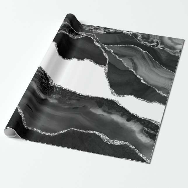 Faux marmored Agate Black White Trendig Modern Sto Presentpapper (Utrullad)