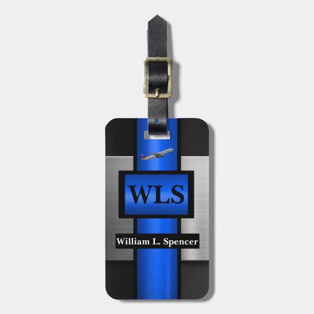 Faux Metall Blue Black Grått Monogram Bagagebricka (Vertikal Framsida)