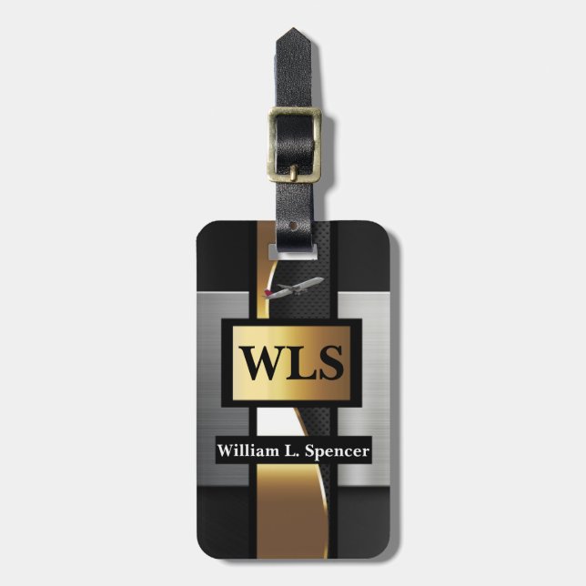 Faux Metall Guld Black Grått Monogram Bagagebricka (Vertikal Framsida)