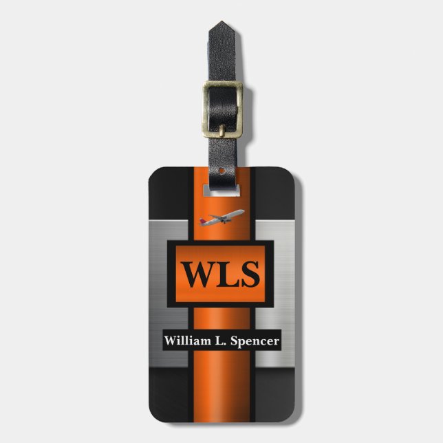 Faux Metall Orange Black Grått Monogram Bagagebricka (Vertikal Framsida)