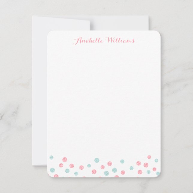 Faux Mint och Rosa Glitter Confetti Notecards Anteckningskort (Framsida)