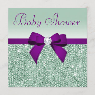 Faux Mint Sequins Lila Bow Baby Shower Inbjudningar
