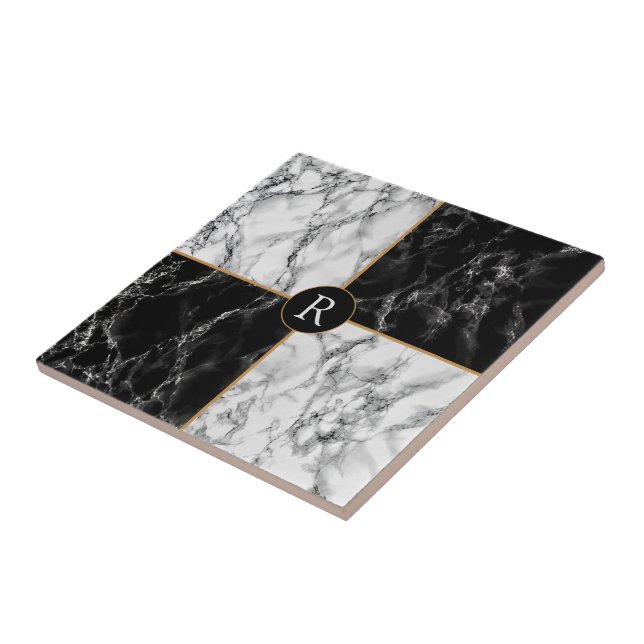 Faux Monogram Black White Check Marble Kakelplatta (Sidan)
