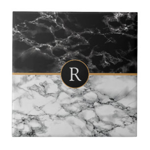 Faux Monogram Trendig Black White Marble Kakelplatta