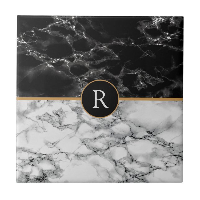 Faux Monogram Trendig Black White Marble Kakelplatta (Framsidan)
