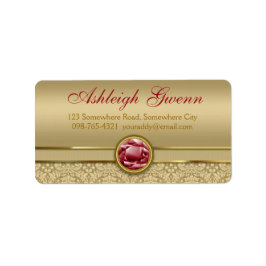 Faux Mörk Ruby Red Gemstone Metallic Guld Damask Adressetikett