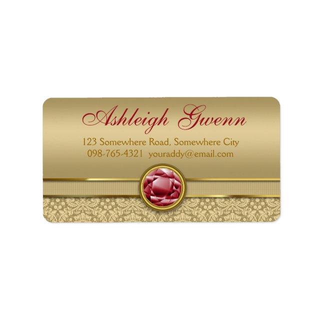 Faux Mörk Ruby Red Gemstone Metallic Guld Damask Adressetikett (Framsidan)